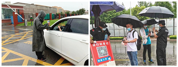 為確保雨天業(yè)達(dá)工業(yè)園廠區(qū)安全工作一切正常，全體保安員不懼風(fēng)雨，冒雨執(zhí)勤，做好疫情防控措施和入園檢查流程 (3)_副本